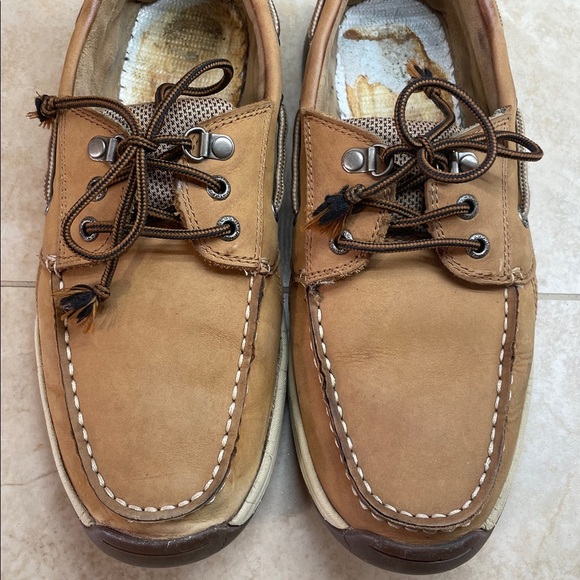 Sebago Helmsman Dark Tan Leather Boat Shoes Men’s 8M Moc Toe Deck Casual Lace - Picture 10 of 16